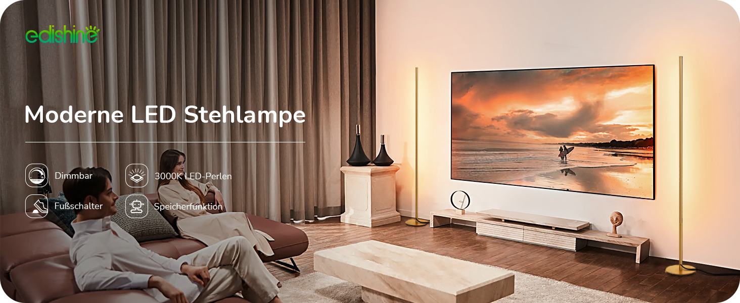 LED торшер Edishine для вітальні, спальні та офісу, 146 см, тепле світло 3000K, диммування, з вимикачем на ніжці, 2 шт. в упаковці, золотий