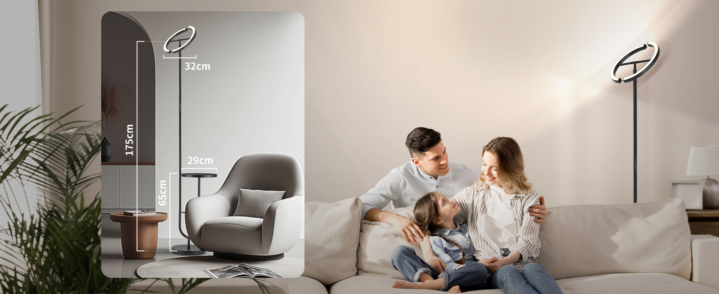 Підлогова лампа LuminexDesigns з регулюванням яскравості, 36W+7W LED, 3200LM+600LM, 2700K-6500K, чорна. Сучасна підлогова лампа для вітальні з пульт дистанційного керування