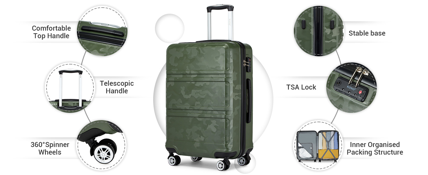 Чемодан-тележка KONO з ABS+PC - легкий валіз з 4 колесами, TSA-замком, для подорожей, бізнесу та сімейного відпочинку (M (52cm), Зелений/Камуфляж)