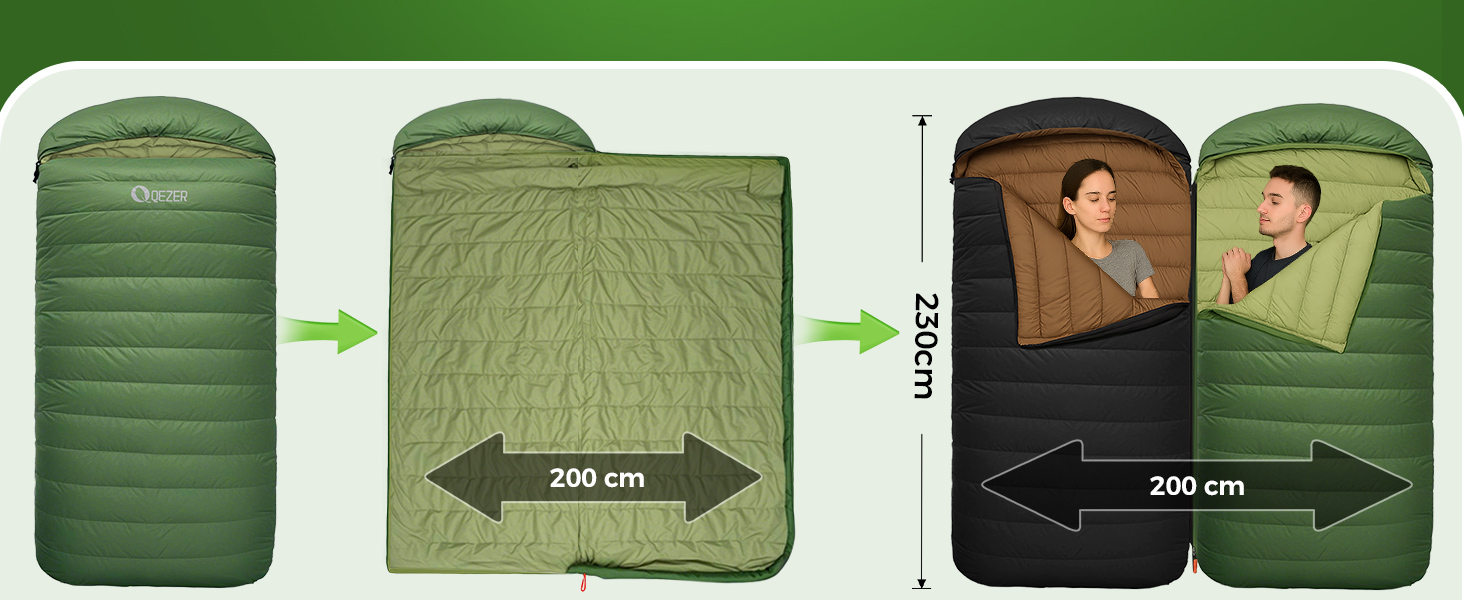 Спальний мішок XXL з пуху на 3-4 сезони, 230x100 см, для дорослих, кемпінг, походи, 3°C, чорний/зелений