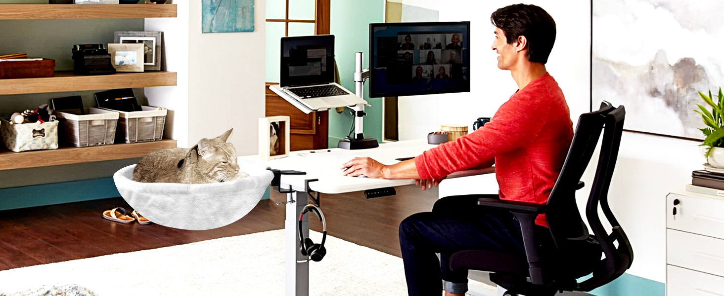 Ліжко-стіл для котів Homegroove, велике та економне, до 23 кг, м'яка гамак з штучного хутра для офісу та геймерів, знімне та пральне (біле)