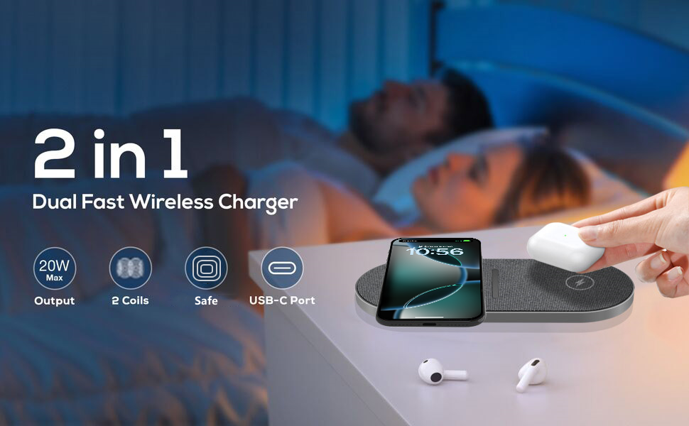 Бездротова зарядка 40W 2 в 1 для iPhone, Samsung, AirPods: швидка зарядка для iPhone 17/16/15/14/13/Pro/Pro Max, AirPods 4/3/Pro, Galaxy S25/Galaxy Buds (сірий)