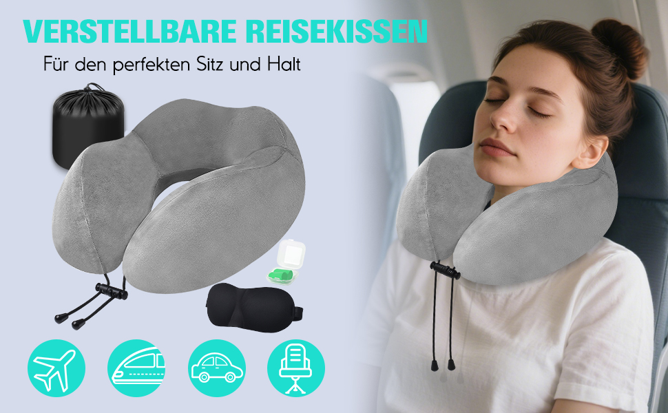 Подушка для шиї у вигляді звірка, Memory Foam, для дорослих, з маскою для сну та берушами, для подорожей, літака, офісу, авто, поїзда (Сіра)