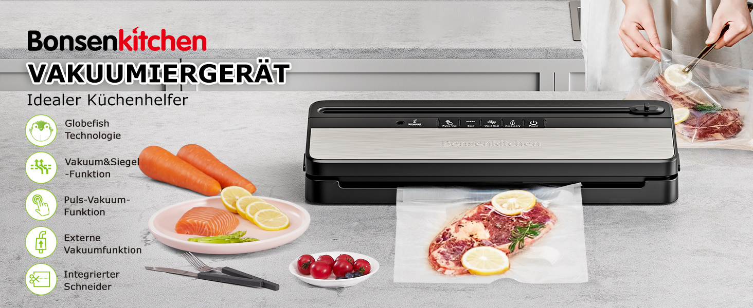 Bonsenkitchen Вакуумний пакувальник: для сухих та вологих продуктів, з вбудованим різаком, 1 рулон плівки, 50 професійних пакетів (Basic Black)