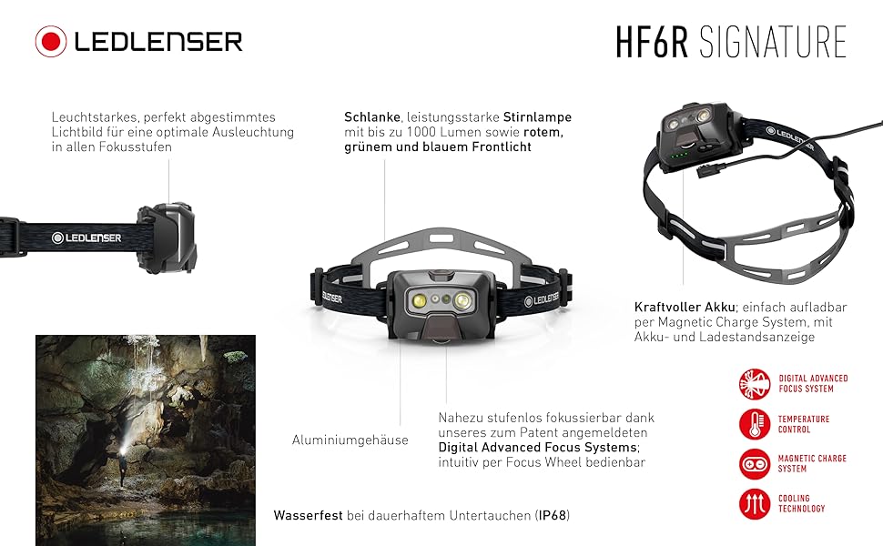 Налобний ліхтар Ledlenser HF6R Signature, 800 люмен, водонепроникний, IP68, з червоним світлом, акумуляторний, для активного відпочинку (чорний)