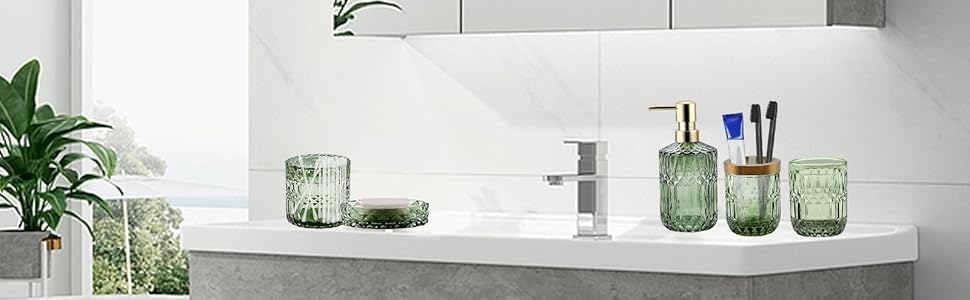 Набір аксесуарів для ванної кімнати з 5 предметів: дозатор для лосьйону, дозатор для мила, тримач для зубних щіток, склянка, ватний диск, склянка.