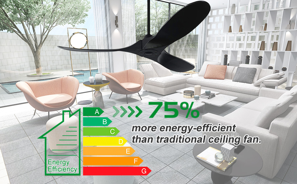 Чорний стельовий вентилятор з дерева (132 см) з пультом керування, тихий, для вологого приміщення