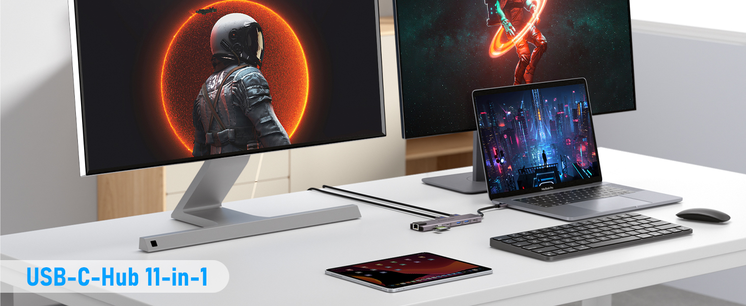 Док-станція USB-C з хабом: 2 HDMI, Gigabit Ethernet, 4 USB A, USB C 3.0, PD 100W, SD/TF, 1000Mbps RJ45, адаптер для Macbook, Lenovo, HP, Dell, Surface. Підтримка 2 моніторів