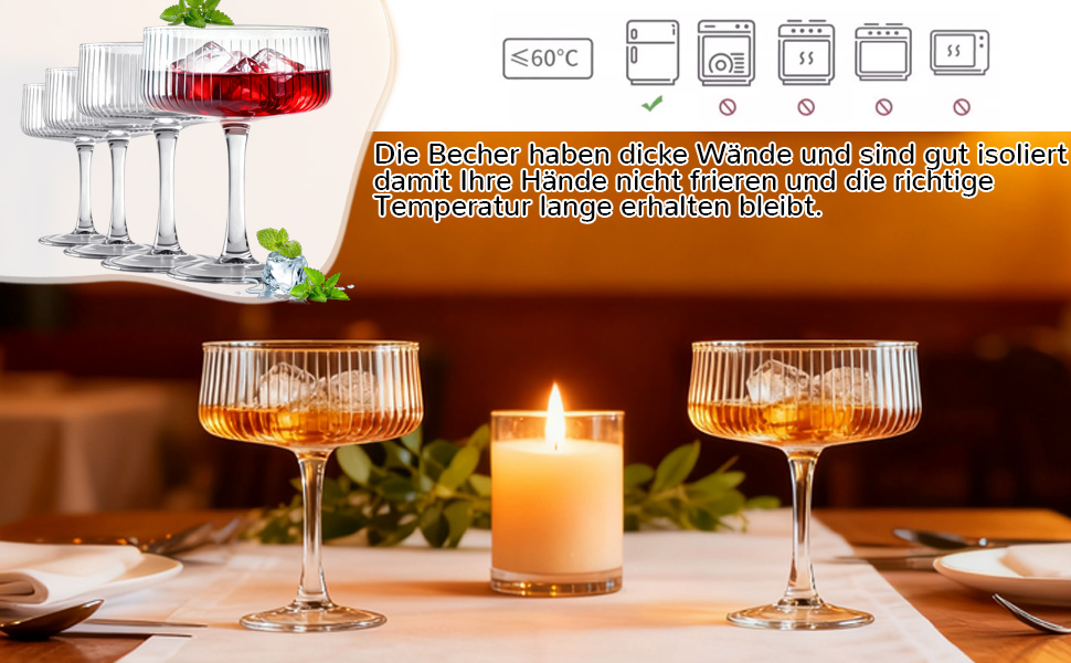 Бокали для коктейлів Martini Crystal Coupe 260 мл, набір 4 шт., великі бокали для шампанського та еспресо Мартіні, ручна робота
