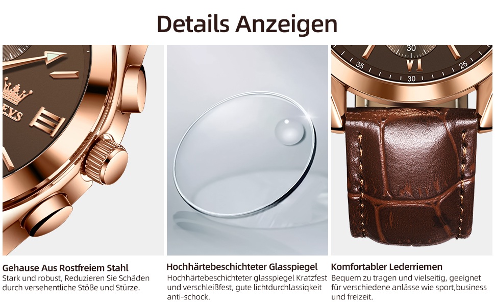 Чоловічий годинник OLEVS Vintage з шкіряним ремінцем, великий циферблат, водонепроникний, аналоговий годинник з датою, коричневий циферблат/коричневий ремінець