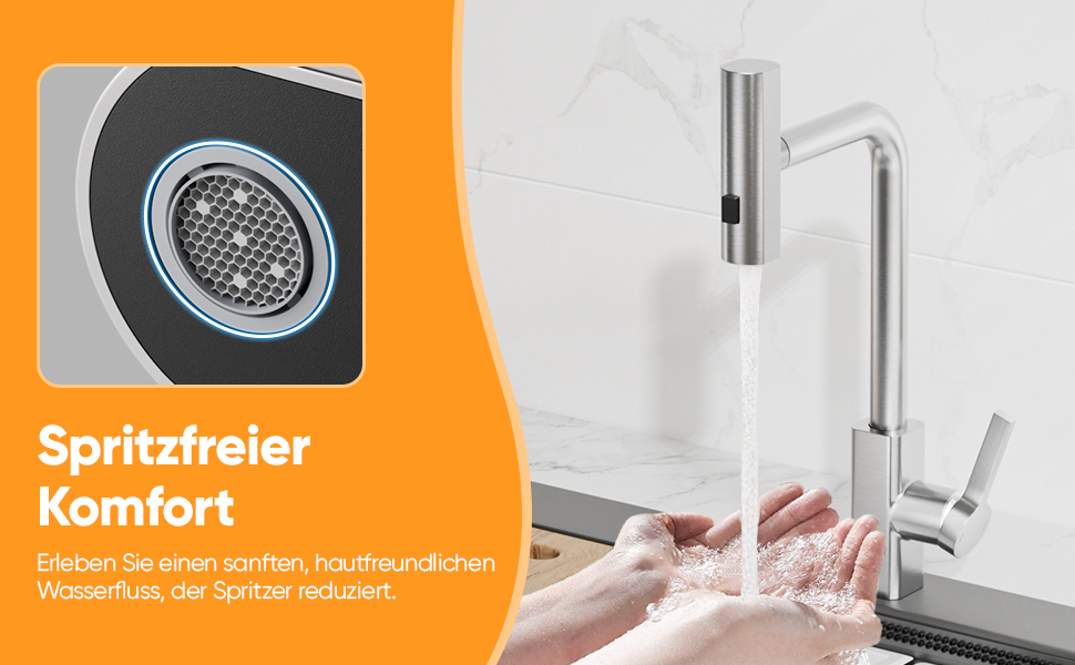 Кухонний змішувач BESy з 3 режимами струменя, висувна лійка, водоспад, поворотний на 360°, для високого тиску, з нержавіючої сталі SUS304, щіткова обробка