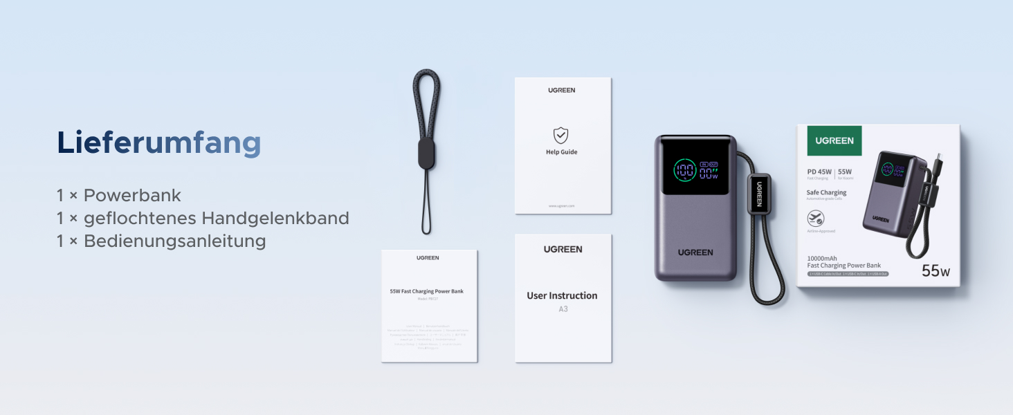 Power Bank UGREEN 10000mAh 55W з вбудованим кабелем, PD 45W, Mi Turbo Charge для Xiaomi, сумісний з iPhone 15/16/17 (Сірий)