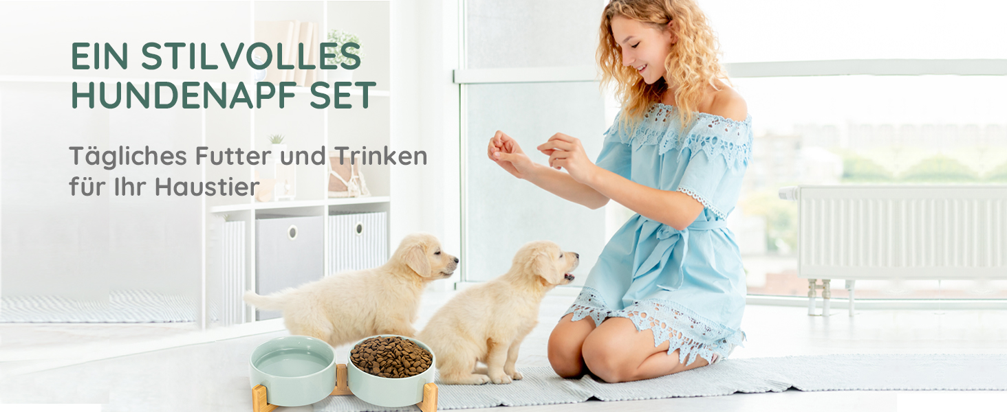 Набір мисок для котів та собак SPUNKYJUNKY з бамбукового підставки (400мл, Бежевий)