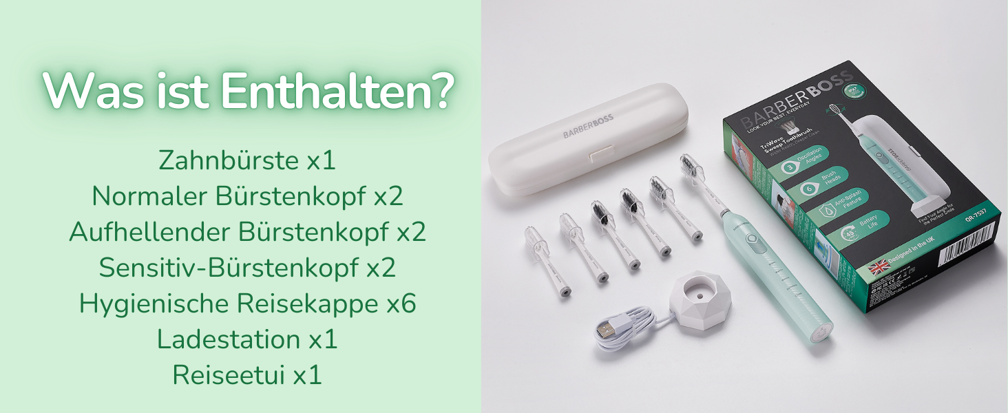 Електрична зубна щітка BarberBoss для дорослих QR-7537 (М'ята) – осцилююча, звукова технологія, 6 насадок, таймер, кейс