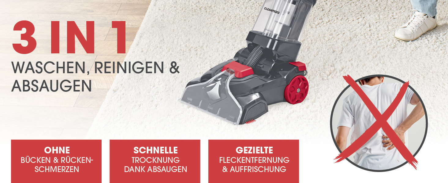 CLEANmaxx Аквастрім - 3 в 1: миття, чистка, всмоктування | Мийний пилосос з вібраційними щітками та боковими щітками | Для чистоти на практично будь-якому килимі
