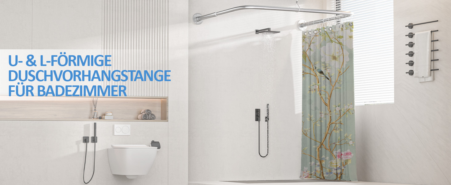 Регульована душова штанга U-подібної/L-подібної форми, 60-92 x 78-196 x 60-92 см, з 12 кільцями для шторки та підпоркою для стелі, для ванни/ванної кімнати, срібна