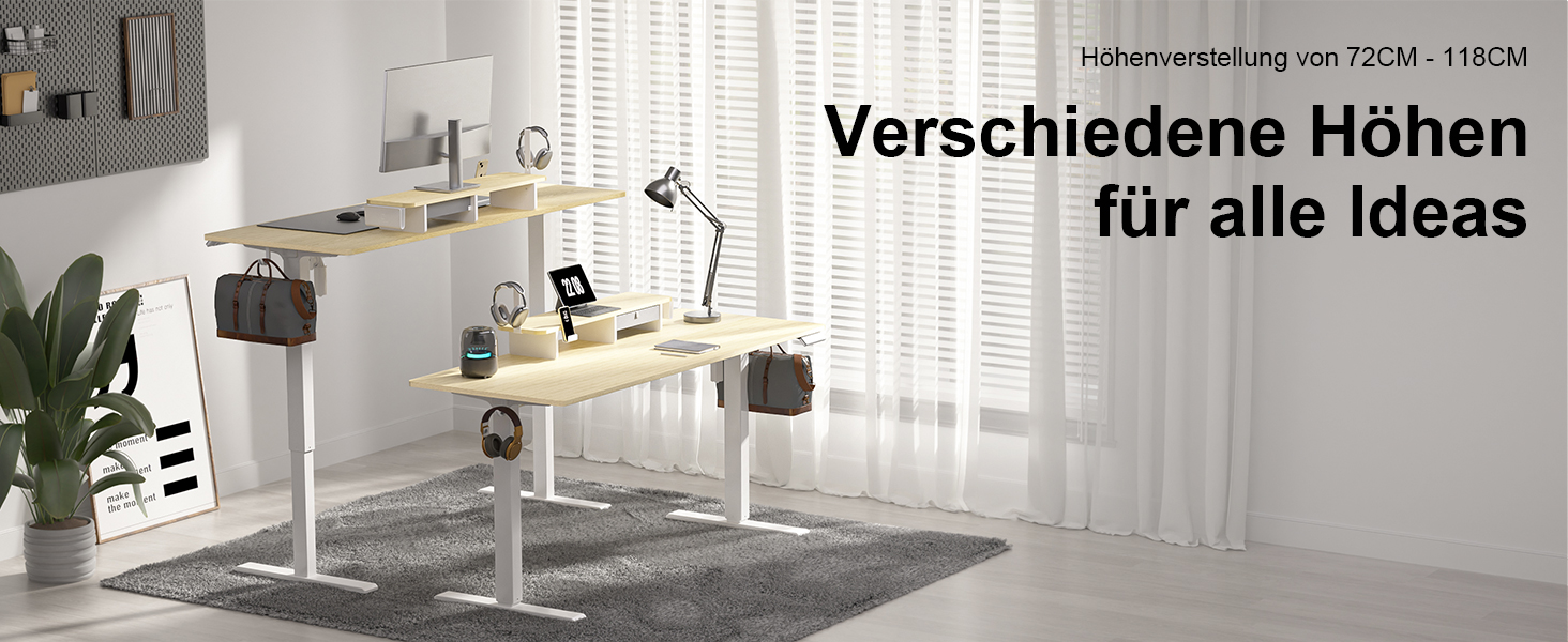 Electric Standing Desk with Drawers - 120x60cm, Oak Finish - Adjustable Height Desk for Home Office & Business, Monitor Stand, Phone Holder, 3 Hooks