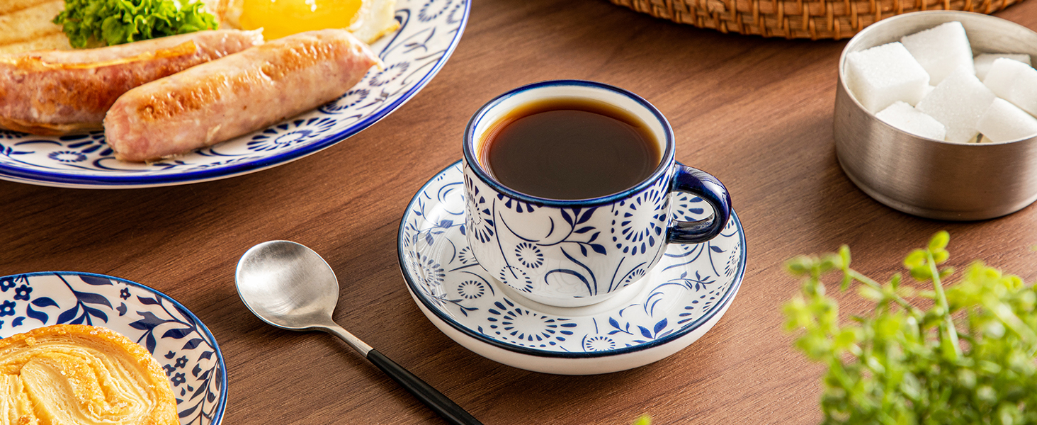 Набір чашок для еспресо Vancasso SELENE з блюдцем та підставкою, 4 шт, 90 мл, блакитно-білий, кераміка