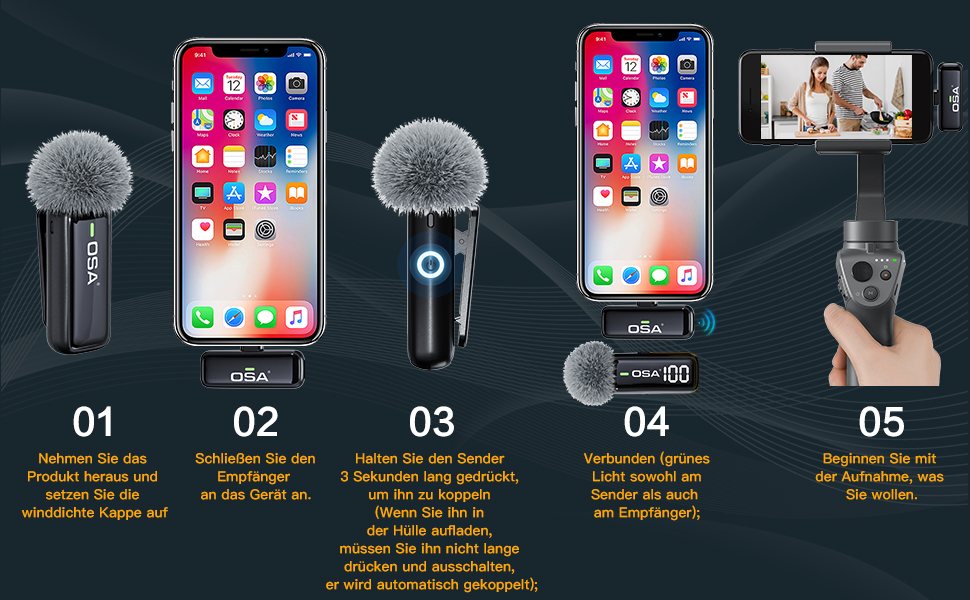 Бездротовий петличний мікрофон OSA: професійний комплект з двома мікрофонами, Plug-and-Play, для iPhone, Android, камери, ПК
