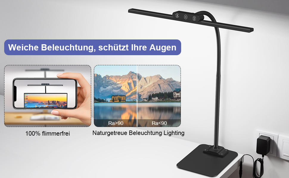 LED Desk Lamp with Adjustable Neck, 1200 Lumens, Dual Head Clamp-On for Home Office, Eye Protection, Gooseneck, Office Table Lamp, Monitor Light with 5 Color Temperature & Brightness Levels (Black-Metal Base)