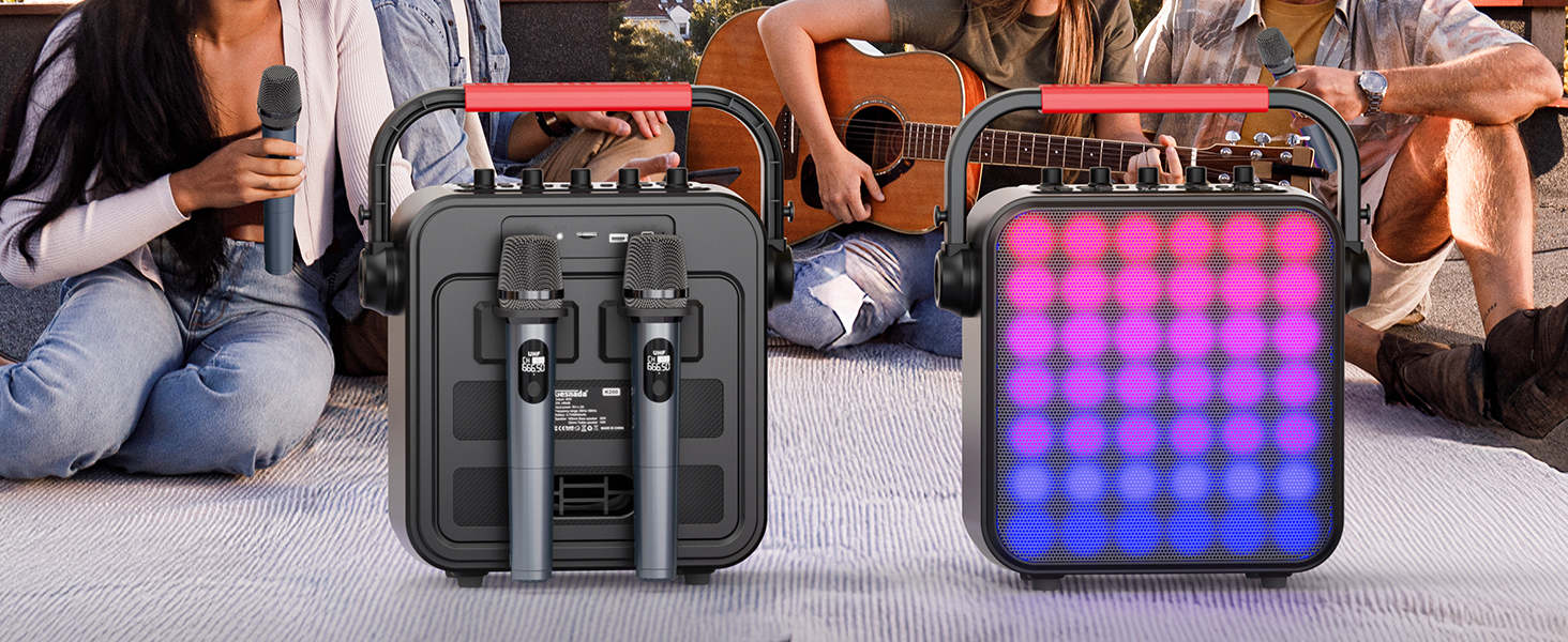 Караоке Машина з 2 мікрофонами, Bluetooth, PA Система з FM, USB, TF, AUX, Ехо, Регулювання Bass/Treble, Чорний