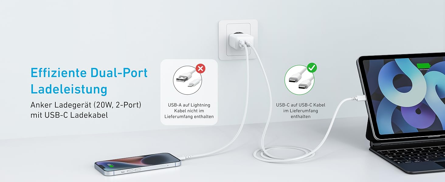 Зарядний пристрій Anker 20W USB-C, адаптер живлення для iPad, швидка зарядка, сумісний з iPhone 17/16/15, кабель USB-C 150 см