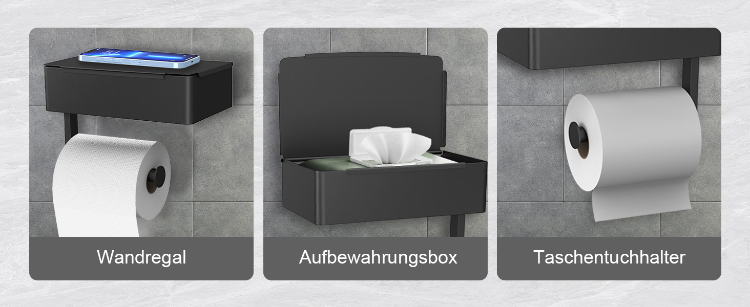 Тримач туалетного паперу SURFOU без свердління, чорний, 3-в-1, з боксом для вологих серветок, нержавіюча сталь, для ванної кімнати/туалету