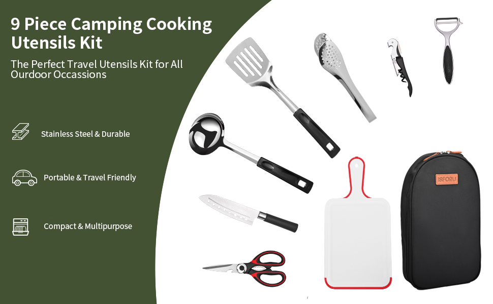 Набір кухонного приладдя для кемпінгу ISFORU 12шт: сковорода, ніж, лопатка, щипці, шумовка, дошки для нарізання. Чорний колір. Ідеально для пікніків, подорожей та походів