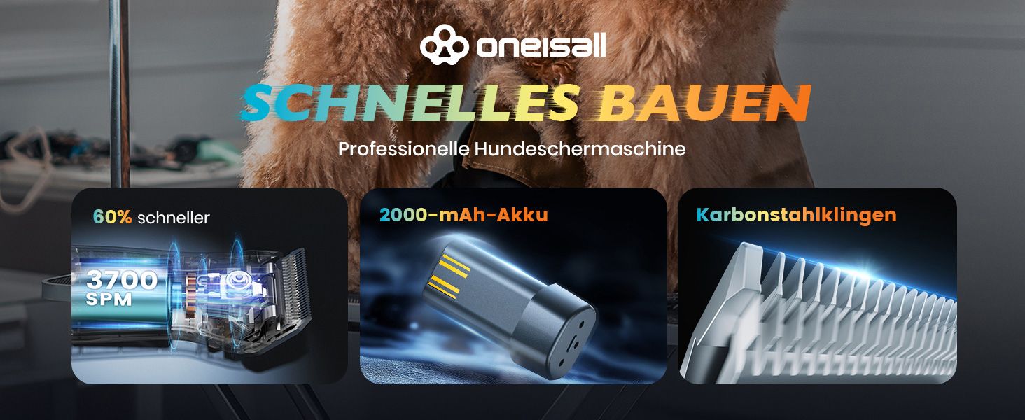 Професійна машинка для стрижки собак Oneisall, 2 швидкості, для собак та котів, тиха, для густого, довгого та кучерявого хутра, з акумулятором, леза з вуглецевої сталі, блакитна