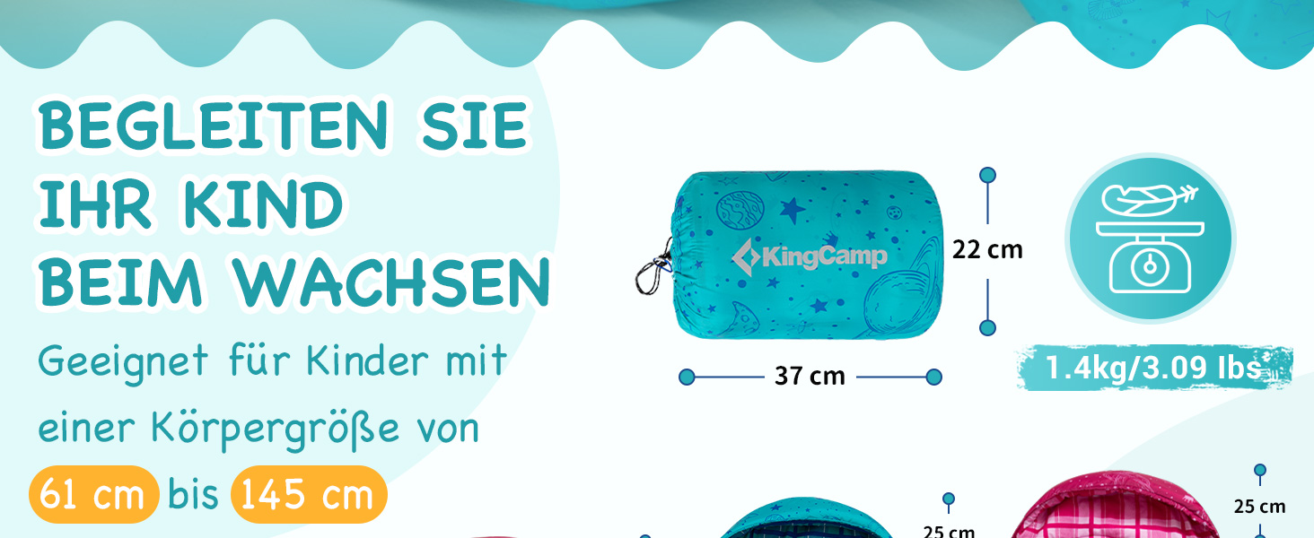 KingCamp Kids Sleeping Bag - Winter Warmth, 3-4 Season Comfort for Camping & Trekking - 170x70cm, 7°C Rating, Adjustable Length