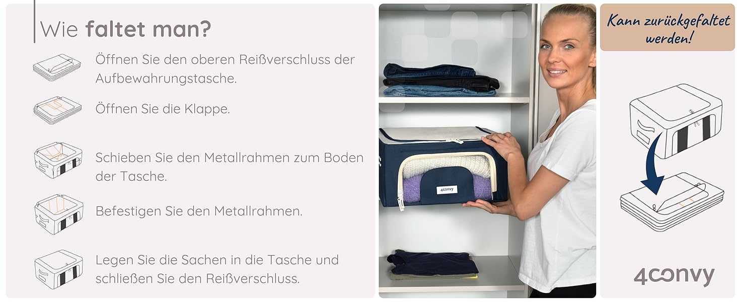 Складана коробка для зберігання одягу 4CONVY з блискавкою та металевим каркасом (3x24L, блакитна) – [2024, покращений матеріал]