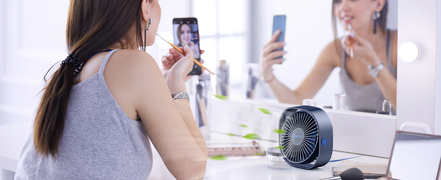 EasyAcc USB вентилятор: мініатюрний, тихий, настільний, 3 швидкості, 360° оберт, для офісу, дому. 2 роки гарантії (Marineblau, прямокутний)