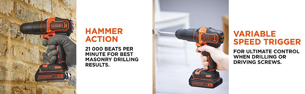 Акумуляторний ударний дриль-шуруповерт Black+Decker BDCH188N (18V, 2 швидкості, патрон 10 мм, регулювання крутного моменту, подвійне свердло, без акумулятора та зарядного пристрою) (комбінований ударний дриль)