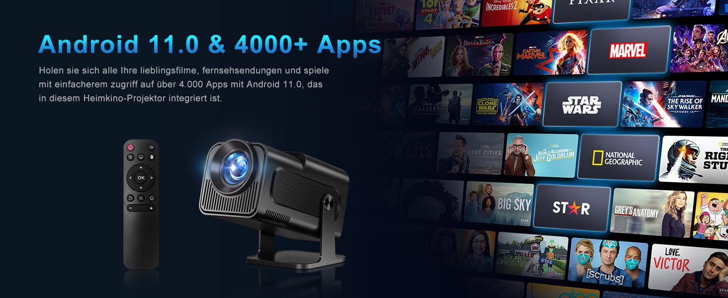 Міні-проектор Quilted Northern Beamer 4K з Android 11.0, WiFi 6, BT 5.0, Auto Keystone, 180° для дому та на вулицю