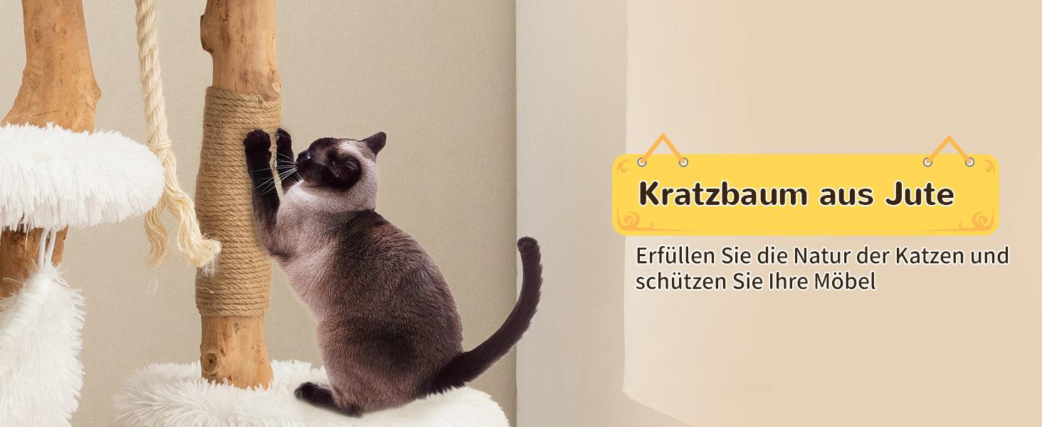 Кігтеточка для котів COSTWAY 87 см з гамаком, джутовим покриттям та м'якими сидіннями, дерев'яний кігтеточний комплекс, білий, 2 стовпчики