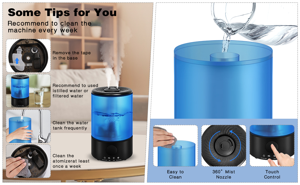 Зволожувач повітря для спальні Top-Fill, 3.2L, 360° Cool Mist, для дитячої кімнати та рослин, ультра-тихий, автоматичне відключення (блакитний)