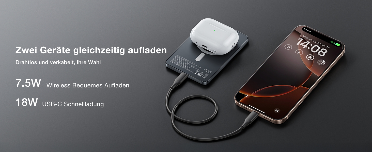 TORRAS MagPro Power Bank 5000mAh: Бездротова М'ягка Зарядна Батарея для iPhone з MagSafe, USB-C, Сірий