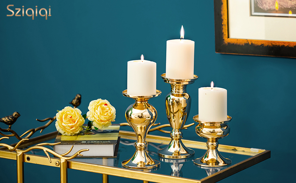 Sziqiqi Set of 3 Candle Holders, Black Vintage Candle Stand, Metal Candle Holders, Tealight Holders for Pillar Candles, Candle Holder Decoration for Wedding Party, Gold