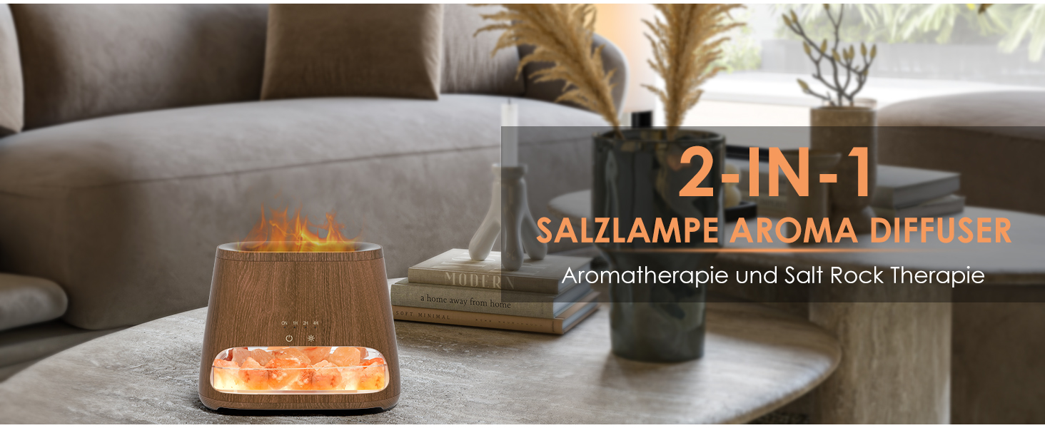 SALKING Аромадифузор з підсвіткою та ефектом полум'я, 150 мл, темне дерево | Увлажнитель повітря, для ефірних олій, 3 режими яскравості