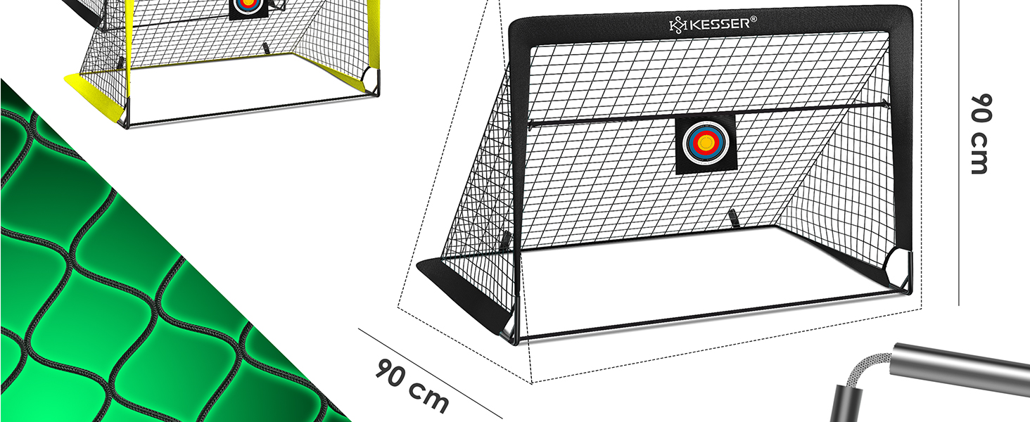 Ворота для футболу KESSER® для дітей, 2 шт. | Розкладні ворота з скловолоконними штангами та міцними сітками для гри в приміщенні, на вулиці та в саду | У комплекті: сумка для перенесення, 6 конусів, м'яч, мішень