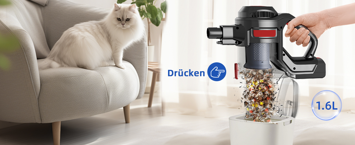 Бездротовий пилосос Authmic 40000Pa з акумулятором, час роботи до 50 хв, об'єм контейнера 1.6 л, HEPA фільтр x4, для килимів, твердих підлог та шерсті тварин