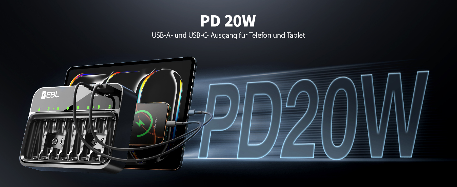 Зарядний пристрій EBL для акумуляторів AA, AAA, 9V, сумісний з NI-MH, USB-C PD3.0 та Micro USB, швидка зарядка