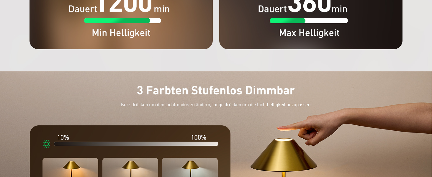 LED-лампа настільна бездротова золота, 2 шт. - акумулятор, USB, сенсорне керування, IP54, для дому та вулиці