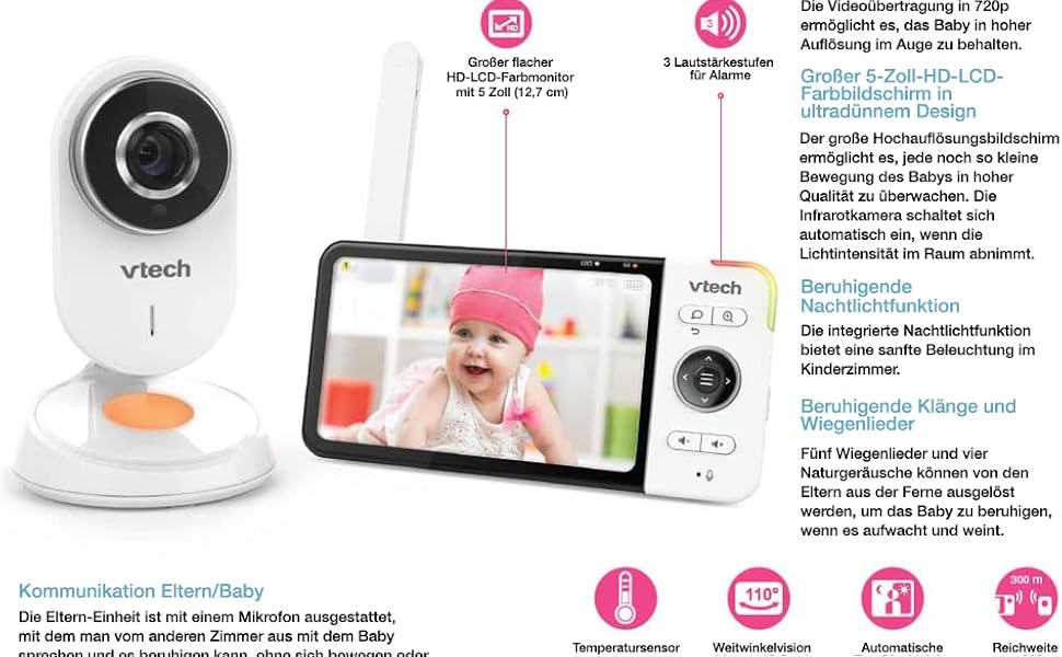 Vtech VM901-1W WiFi камера, дитячий відеомонітор з 5-дюймовим HD-дисплеєм, поворотна камера 1080P, мобільний додаток, широкий кут огляду 120°, сумісність з iOS та Android