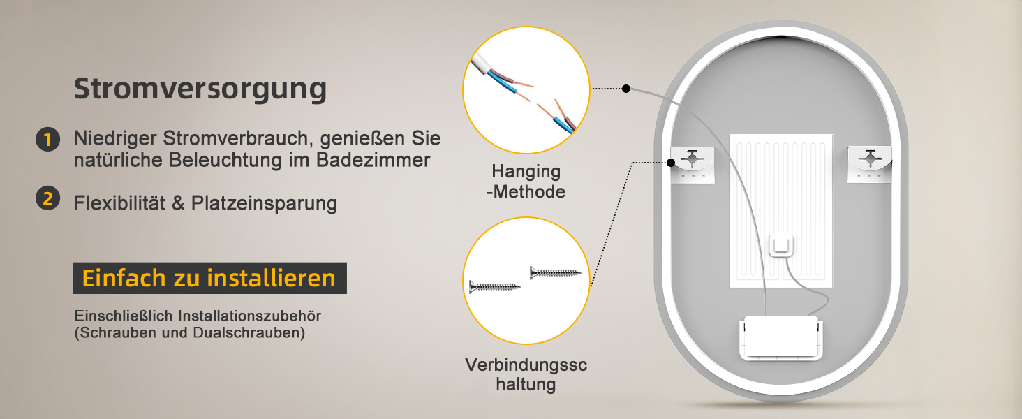 Дзеркало для ванної кімнати з підсвічуванням 50x70 см, з підігрівом, годинником, LED-підсвічуванням, сенсорною панеллю, функцією пам'яті, 3 кольори світла, регулювання яскравості