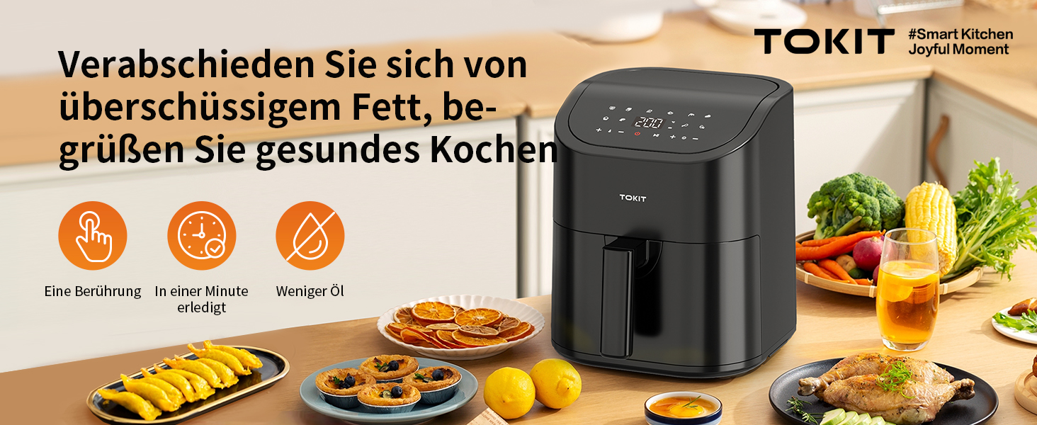 TOKIT Фритюрниця повітряна 1500W, 4.5L, 10 функцій, 360° циркуляція, низький вміст жиру, швидка приготування, компактна (чорний)