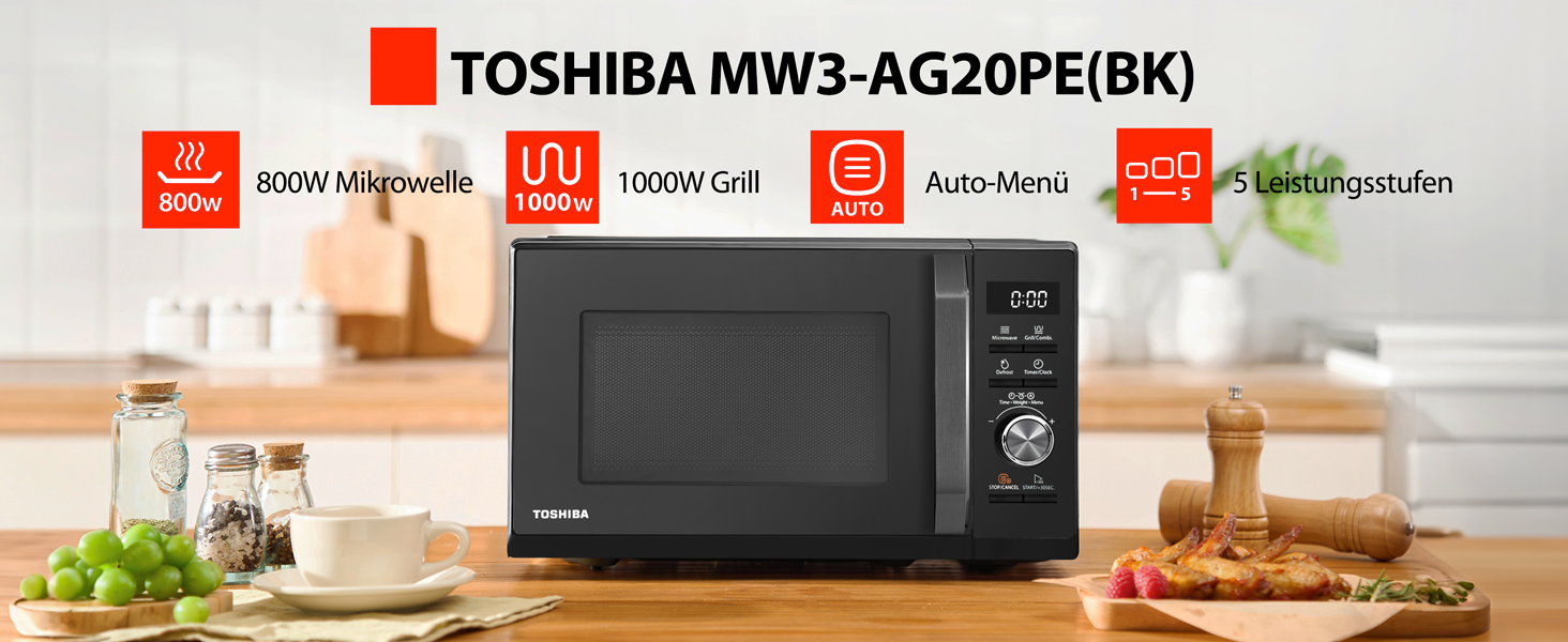 Мікрохвильова піч Toshiba MW3-AG20PE(BK) з грилем 20л 3-в-1, чорна. 5 рівнів потужності, 8 автоматичних програм, легке очищення.