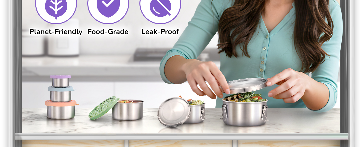 Everusely Ланчбокс Bento Box Лавандовий - 0,8 л, нержавіюча сталь, з контейнером для спецій, 3 відділення