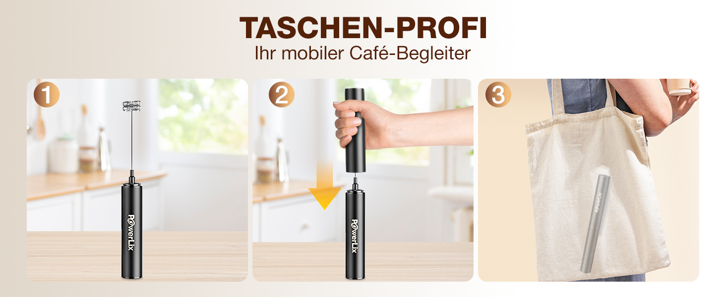 Електричний спінювач молока POWERLIX Pro 3-в-1: ручний, USB-C, 10 000 об/хв, для капучино, лате макіато, знімна насадка, чорний