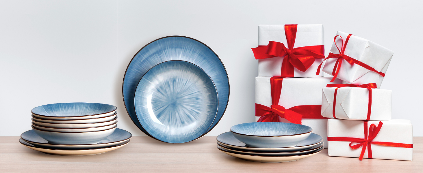 Тарілки для пасти NUTRIUPS 20.5 см, 6 шт. Керамічні тарілки для супу 500 мл, 8 дюймів, мікрохвильова та посудомийна машини, блакитні, набір